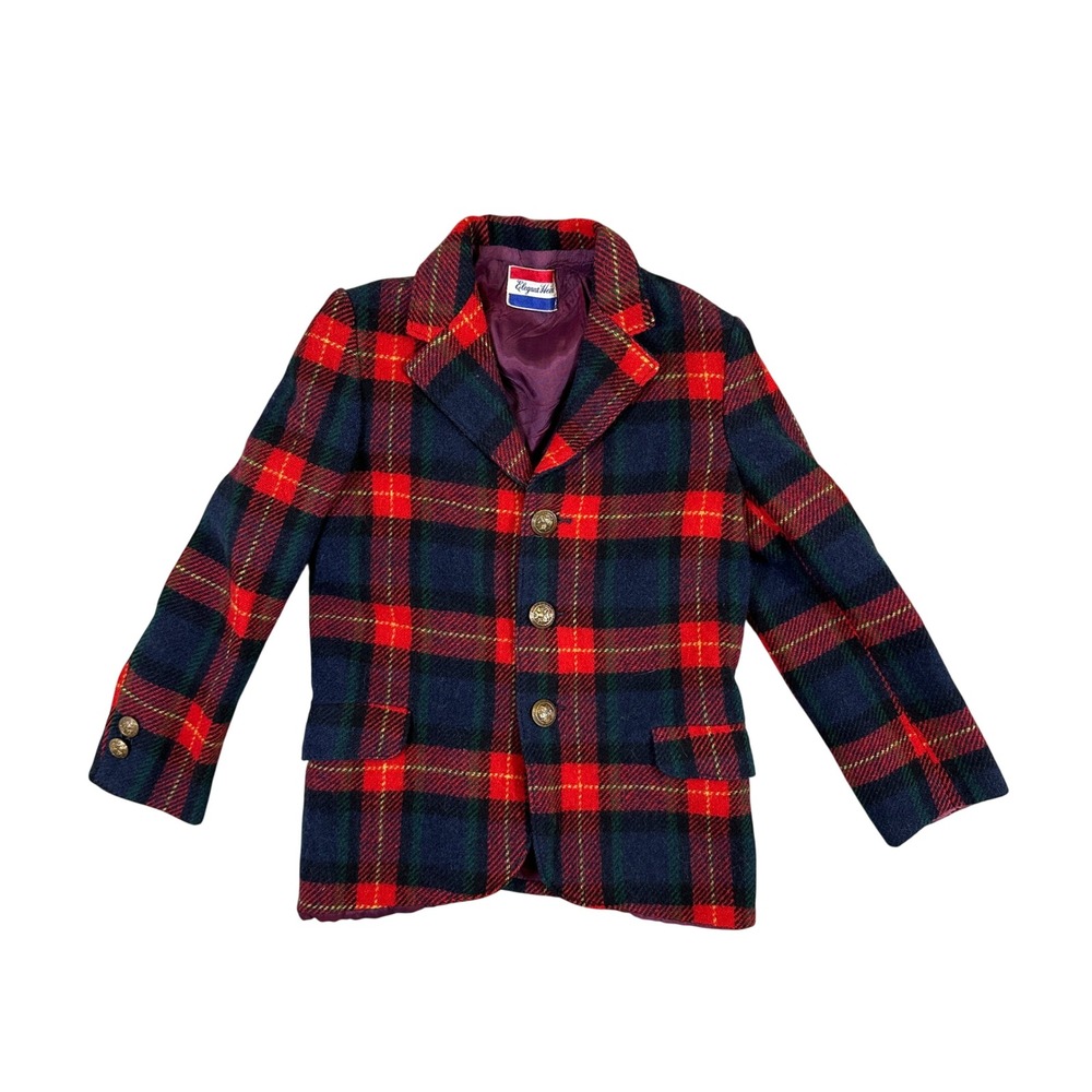Vintage Elegant Heir Boys Plaid Blazer Red Navy Tartan Gold Buttons 13.5x17